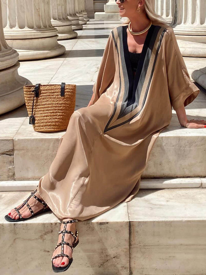 Enjoy The Holiday Style With A Unique V-Neck Triangle Print Loose Maxi Dress