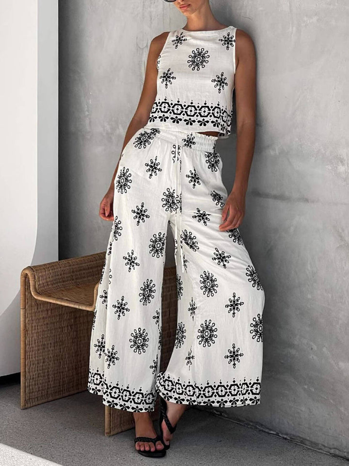 Fashionable And Casual Unique Printed Linen Vest Wide-Leg Pants Set