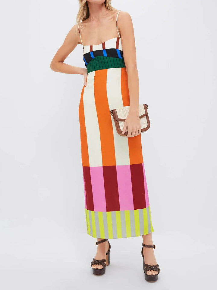 Classic Fashionable Unique Striped Print Patchwork Maxi Dress