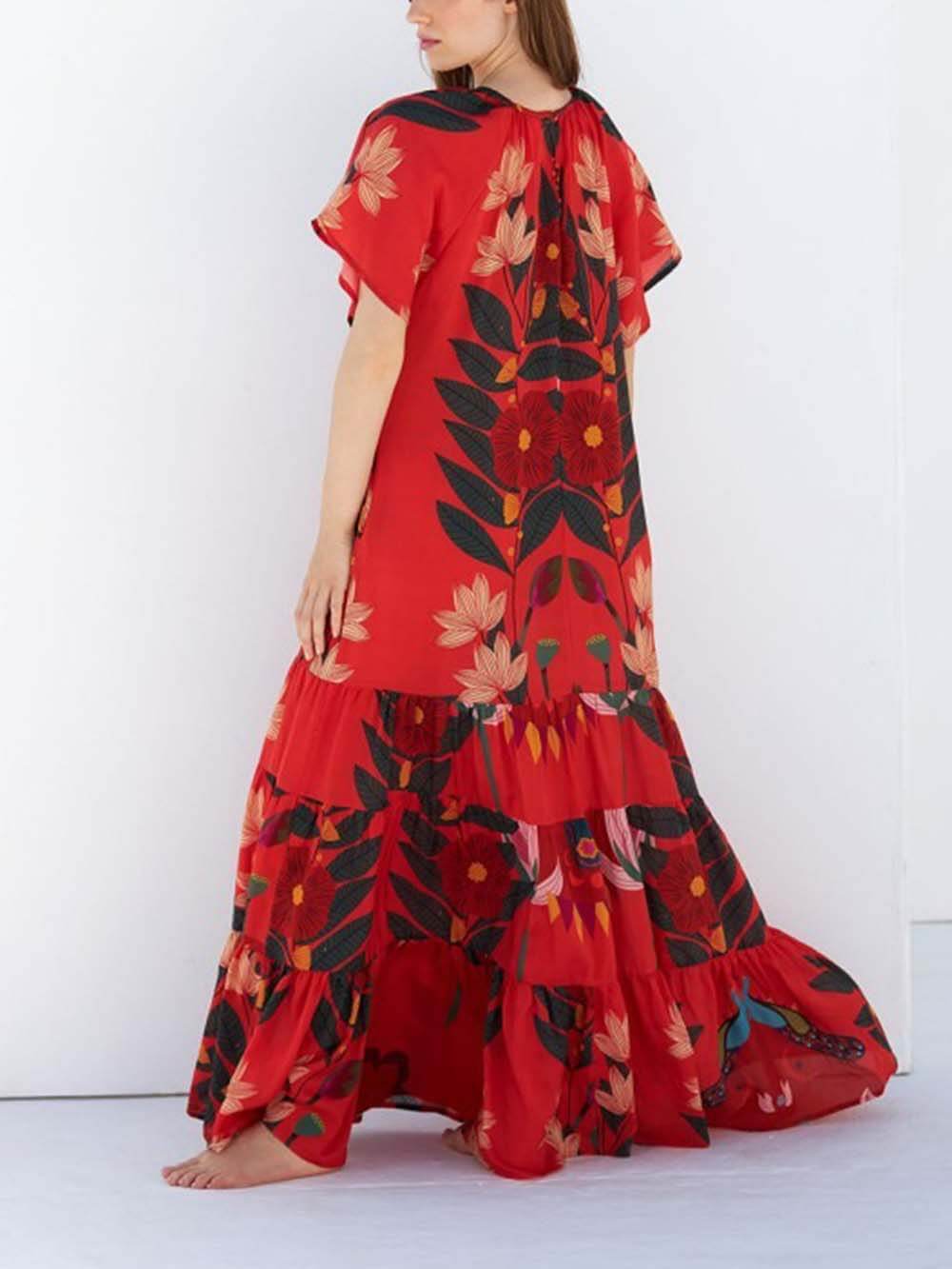 Unique Floral Print Drop-Shoulder Short-Sleeve Maxi Dress