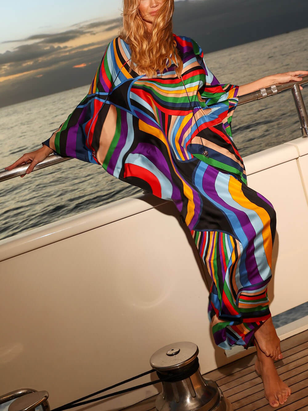 Unique Rainbow Print Bat Sleeves Large Size Loose Holiday Maxi Dress