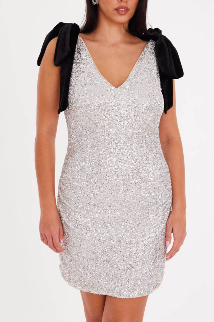 Elegance Sequin Velvet Bow Strap Detail V-neck Mini Dress