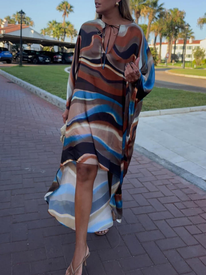 Fashion Wave Print Asymmetrical Oversized Vacation Maxi Dress