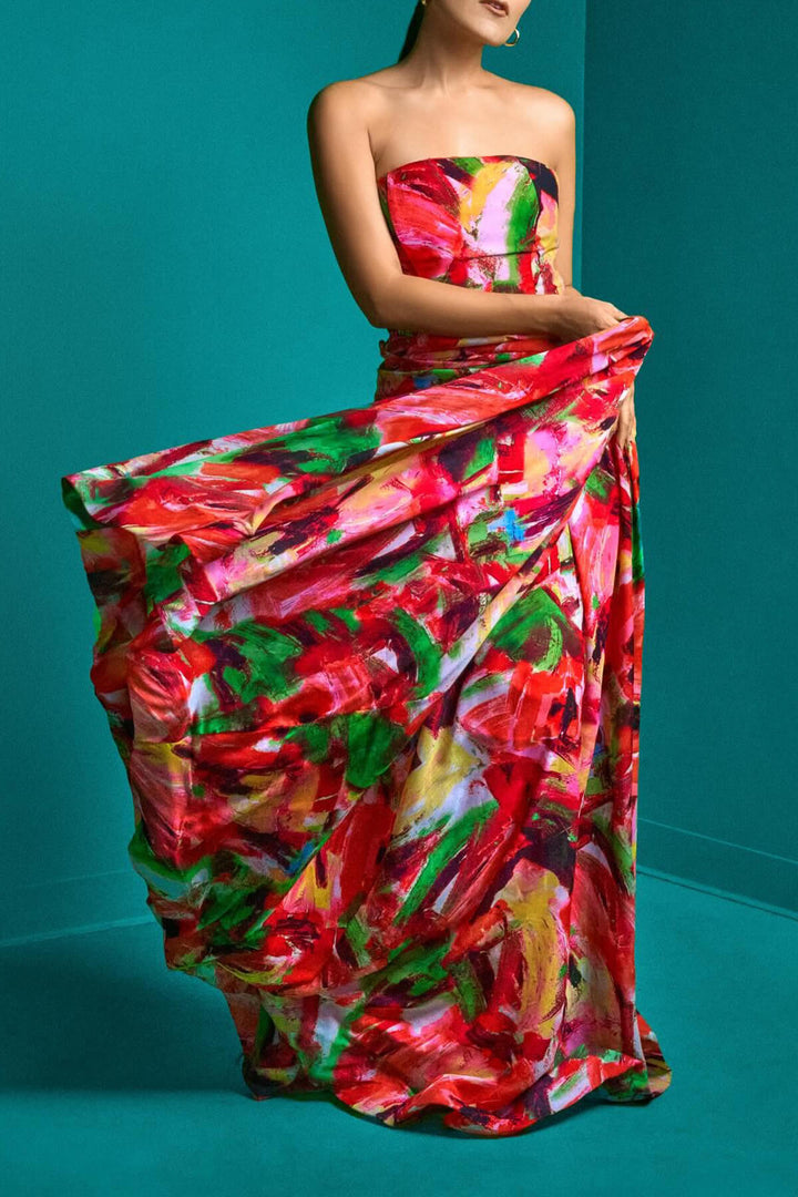 Elegant Strapless Floral Print Off-Shoulder Maxi Dress