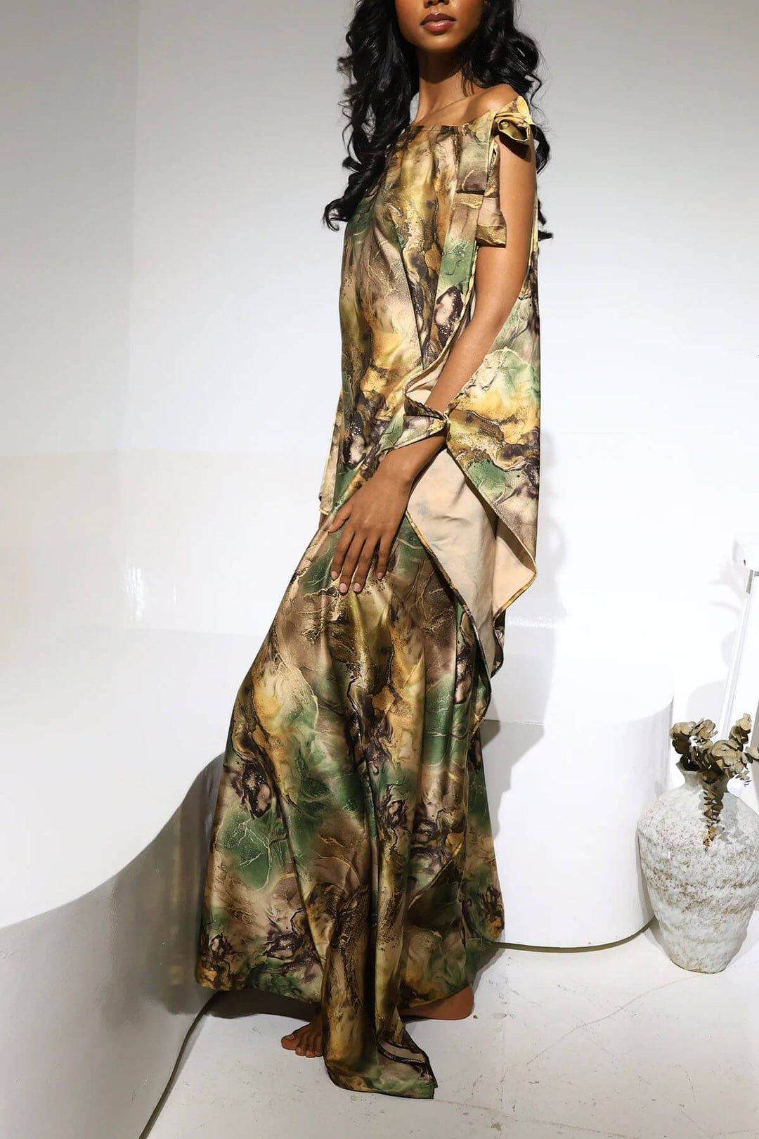 Unique Satin Asymmetrical Marble Print Maxi Dress