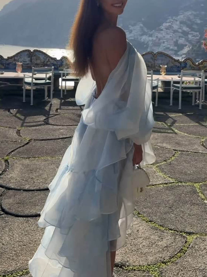 Elegant Printed Layered Asymmetrical Backless Maxi Dress