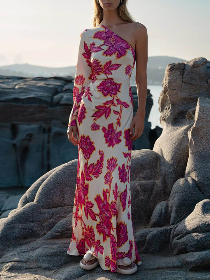 Unique Satin Floral Print One Shoulder Flared Maxi Dress