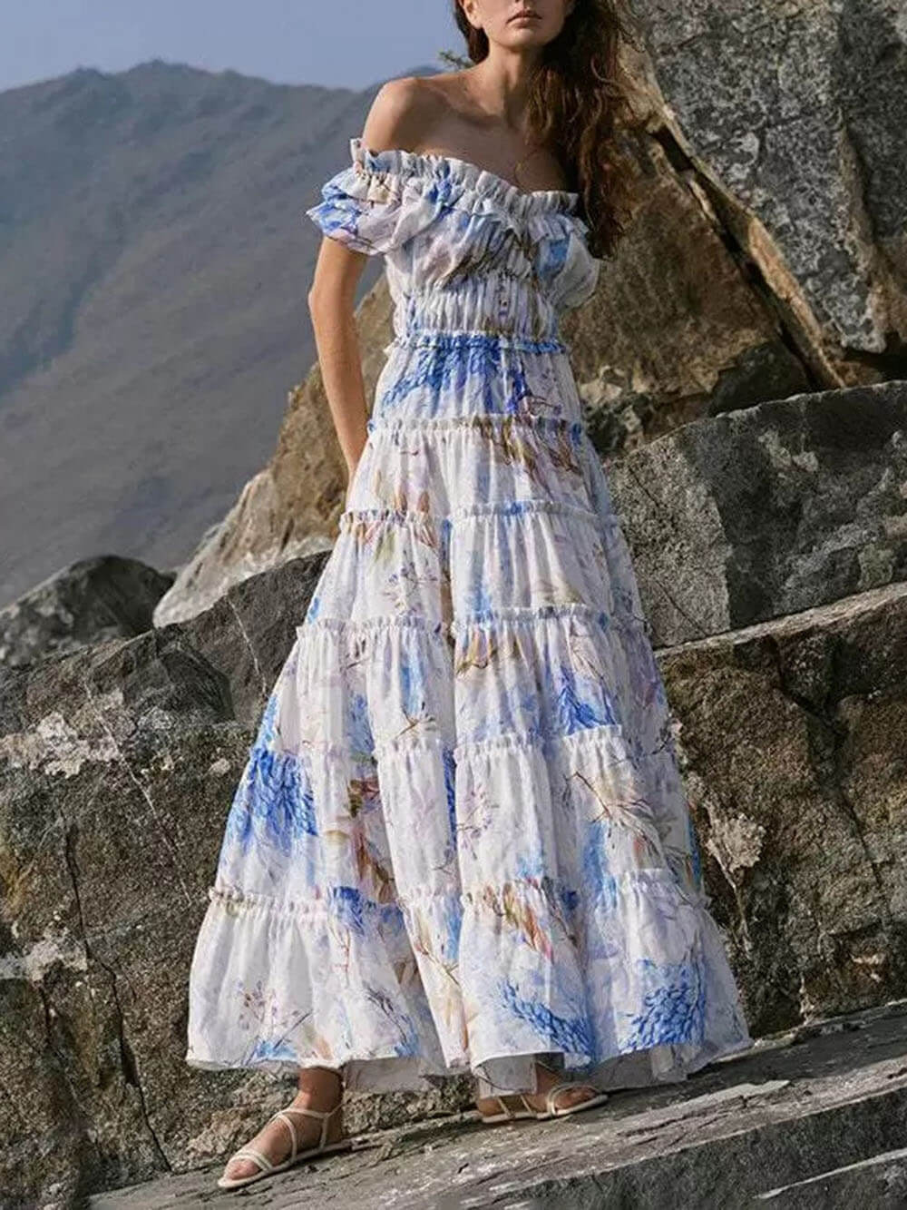 Elegant Off-Shoulder Printed Organza Fairy Evening Gown Maxi Dress