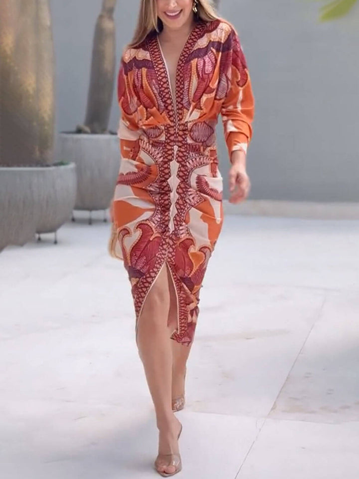 Elegant Floral Print Sexy V-Neck Long Sleeve Slit Dress