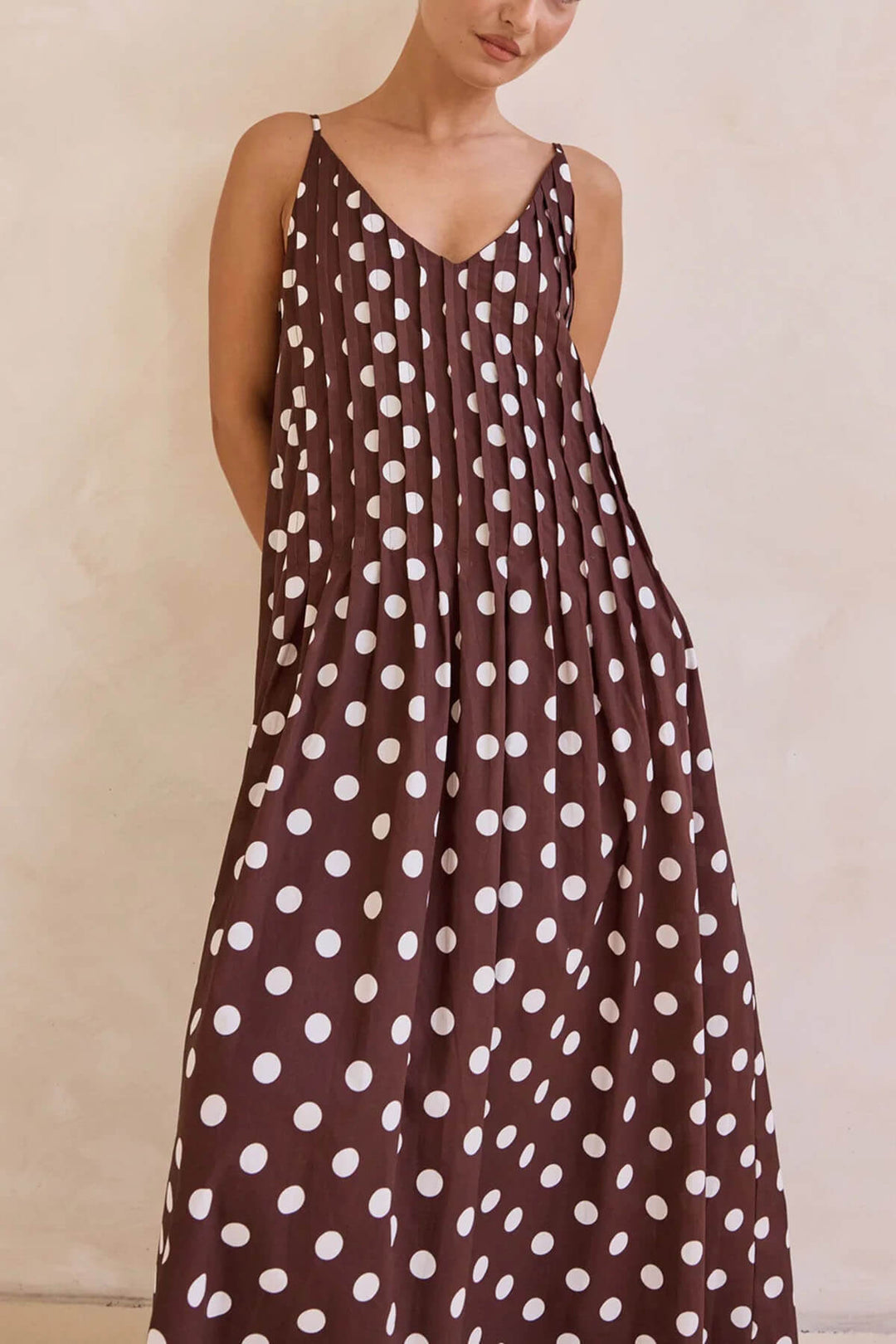 Exquisite Polka Dot Print Pleated A-Line Maxi Dress