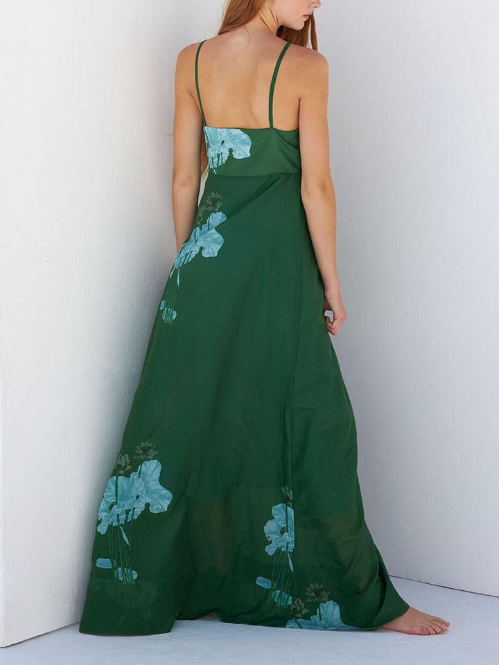 Elegant Ruched Printed Spaghetti Strap Maxi Dress