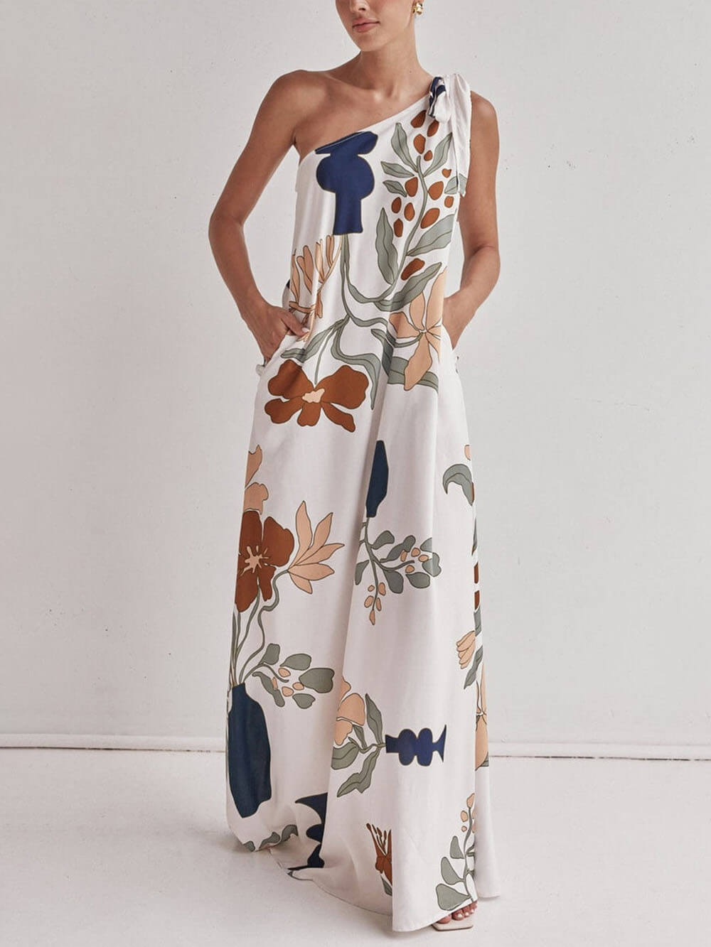 Unique Print One Shoulder Tie-up Pocketed Loose Maxi Dress