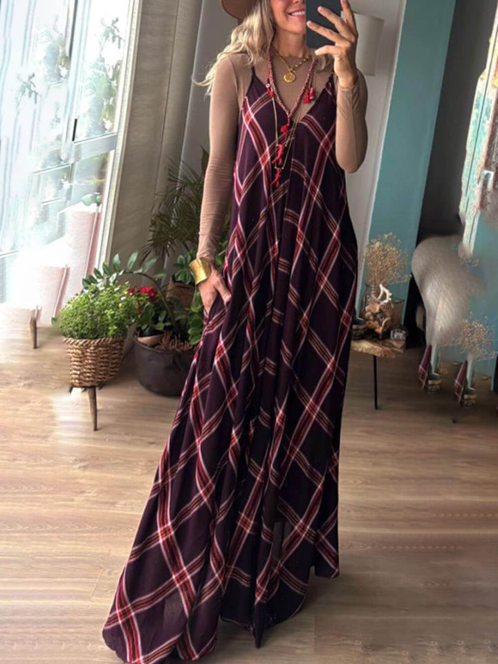 Classic Summer Unique Plaid Print Suspenders Loose Pocket Maxi Dress