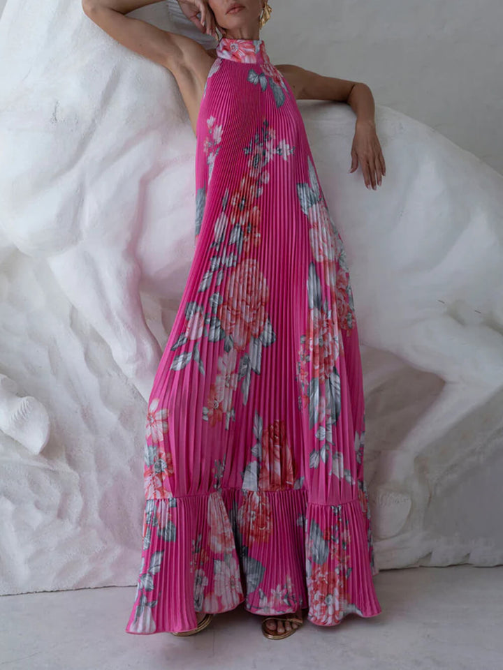 Fashionable Floral Print Pleated Tie-Waist Backless Ruffled Maxi Dress