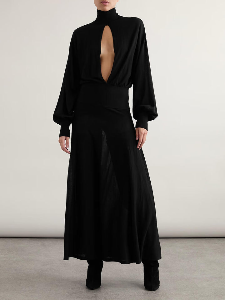 Elegant Hollow-Out Chiffon High-Neck Maxi Dress