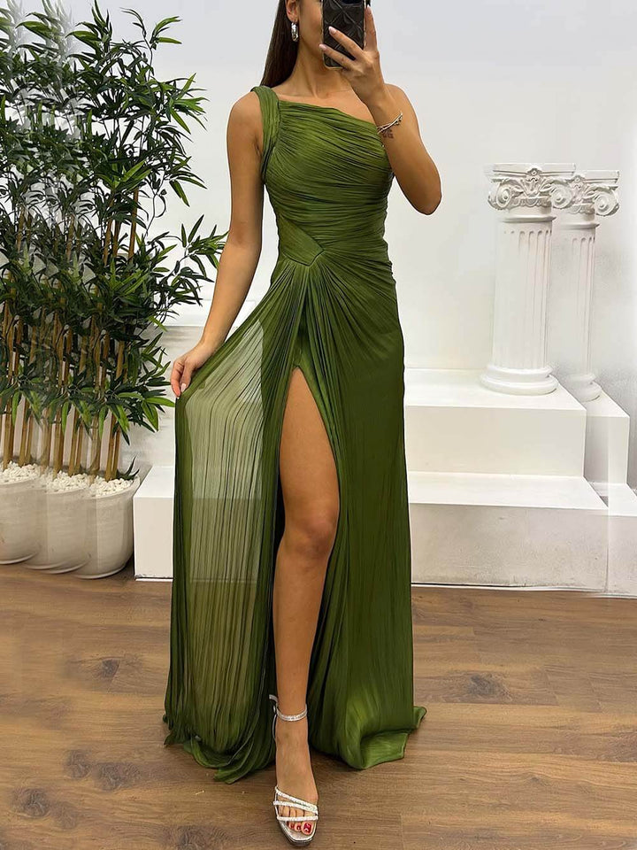 Elegant Fashion One-shoulder Pleated Ribbon Slim Slit Maxi Dress