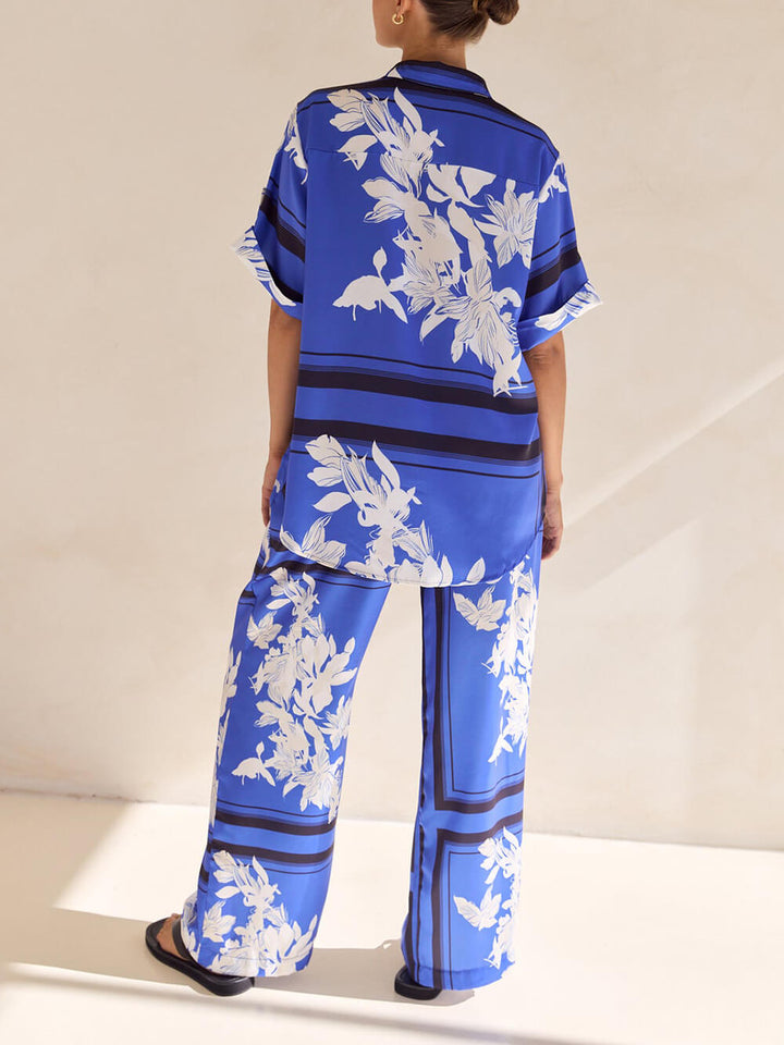 Casual Unique Satin Floral Print Elastic Waistband Drawstring Pocket Wide Leg Pants
