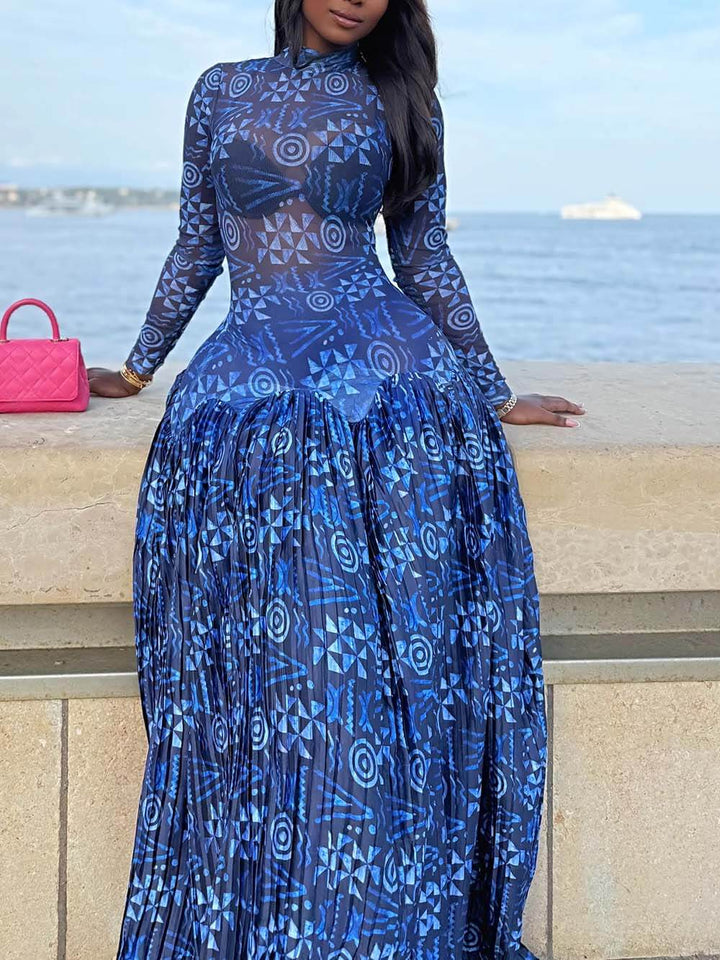 Unique Mesh Ruched Panel Print Stretch Maxi Dress
