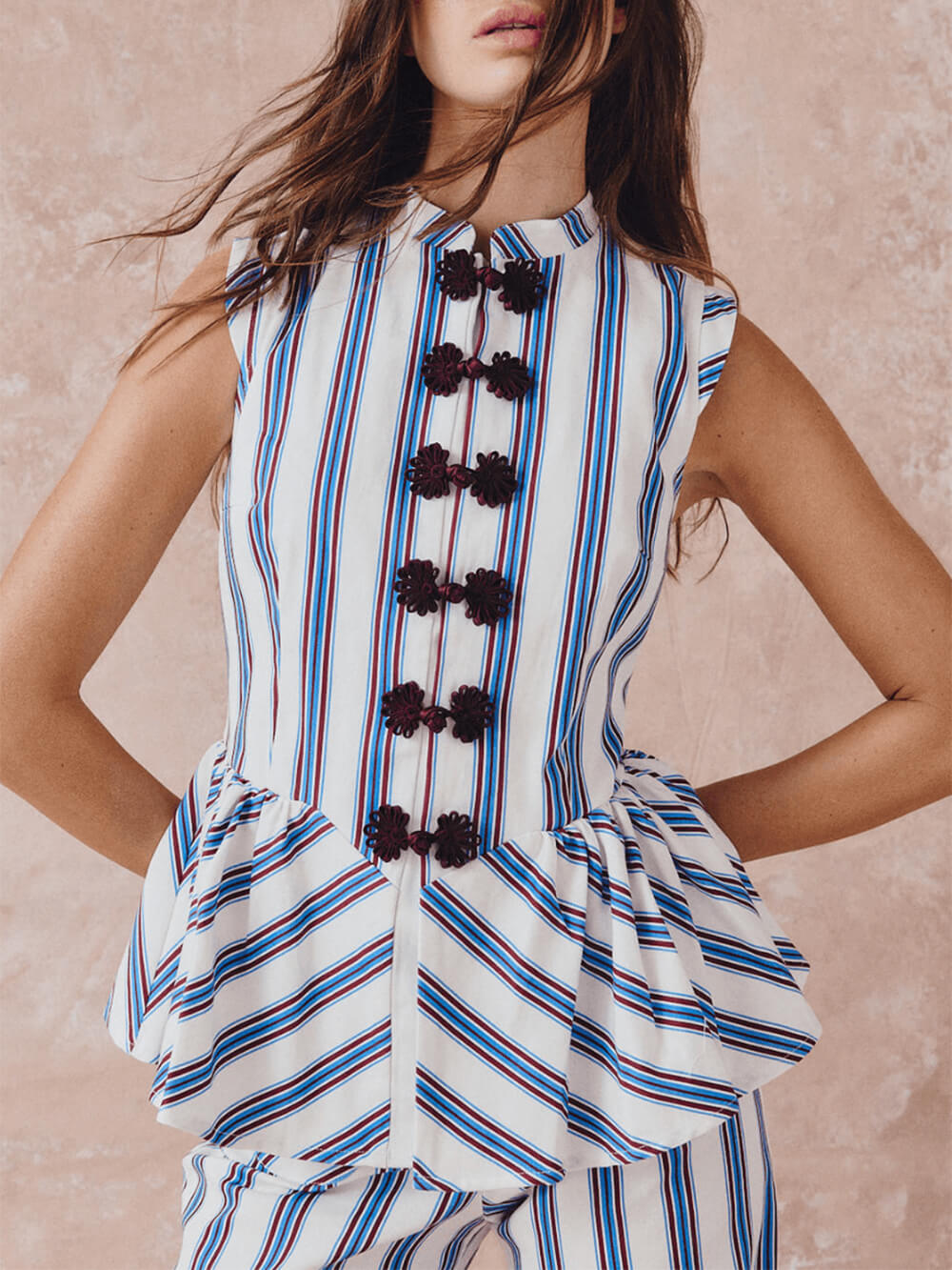Retro Stripe Print Ruffle Knot Button Detail Tank Top