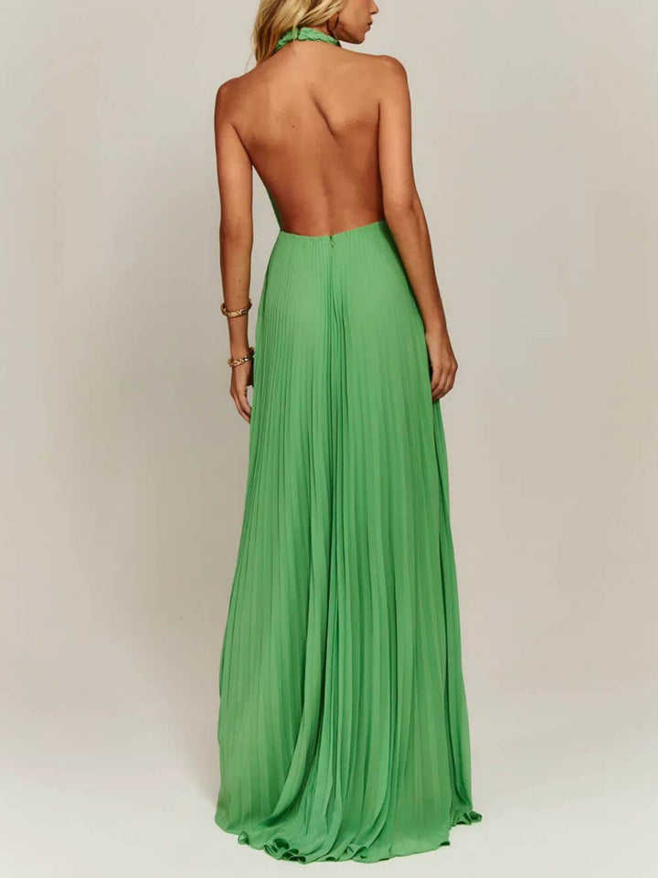 Elegant Chiffon Pleated Braided Halter Neck Backless A-line Maxi Dress