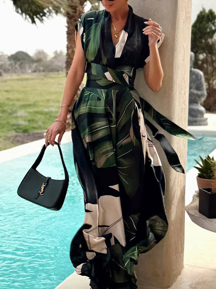 Bohemian Palm Leaf Print Maxi Dress