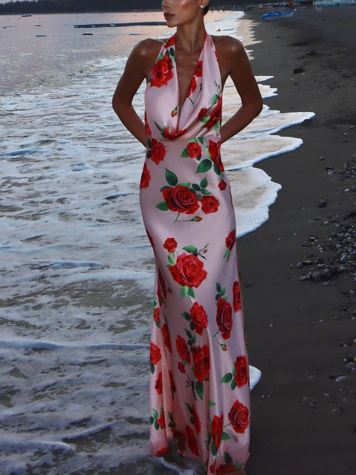 Retro Rose Print Sexy Halter Neck Strappy Backless Slim Fit Maxi Dress