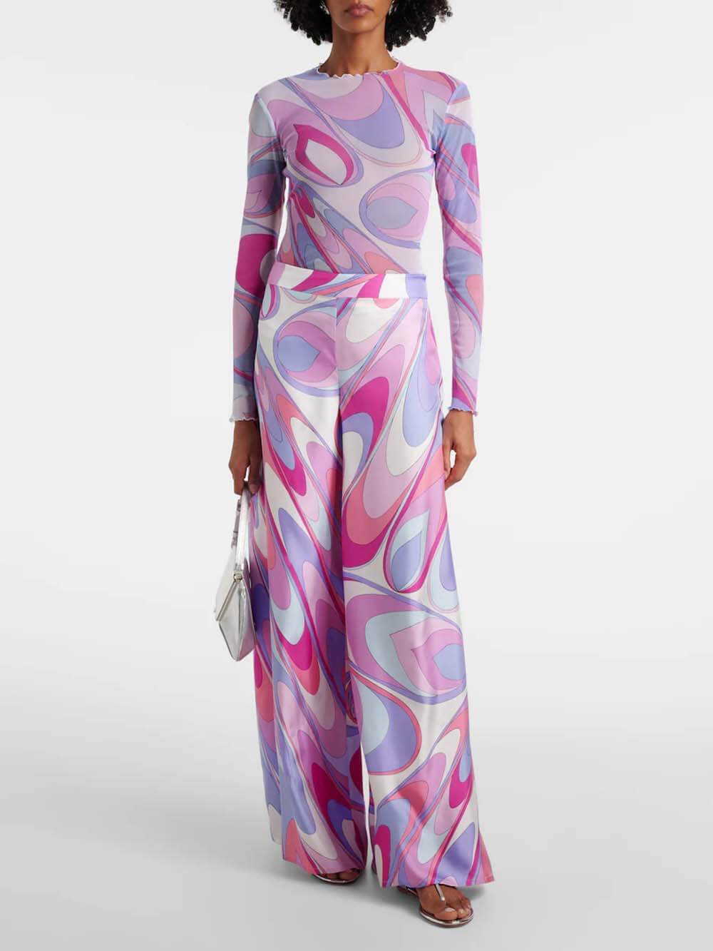 Unique Rainbow Print Twill Satin Fitted Top