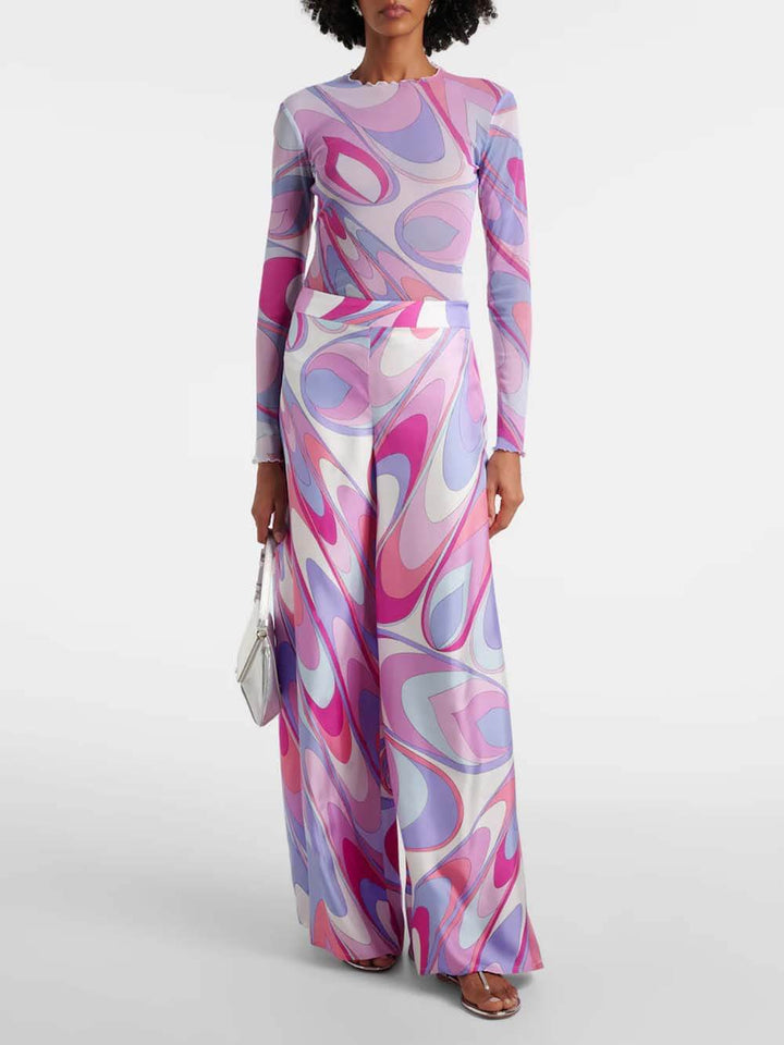 Unique Rainbow Print Twill Satin Fitted Top