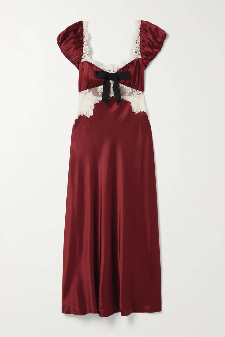 Delicate Bow Detail Lace Panel Satin Midi Dress