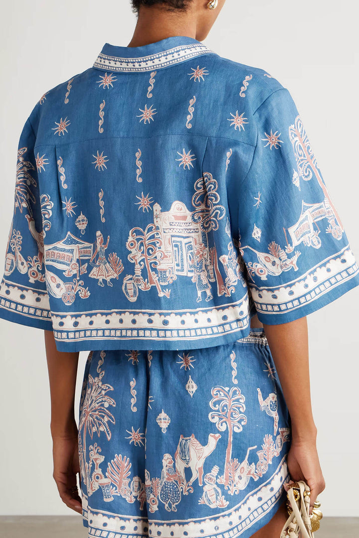 Unique Floral Print Linen Short-Sleeve Shirt and Shorts Set