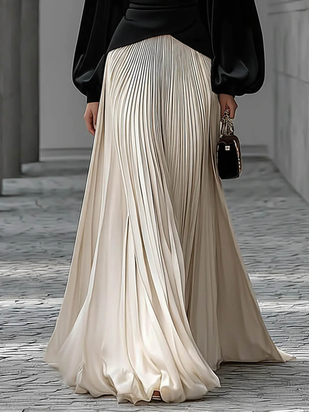 Chic Minimalist Velvet Paneled Pleated-Hem Maxi Dress