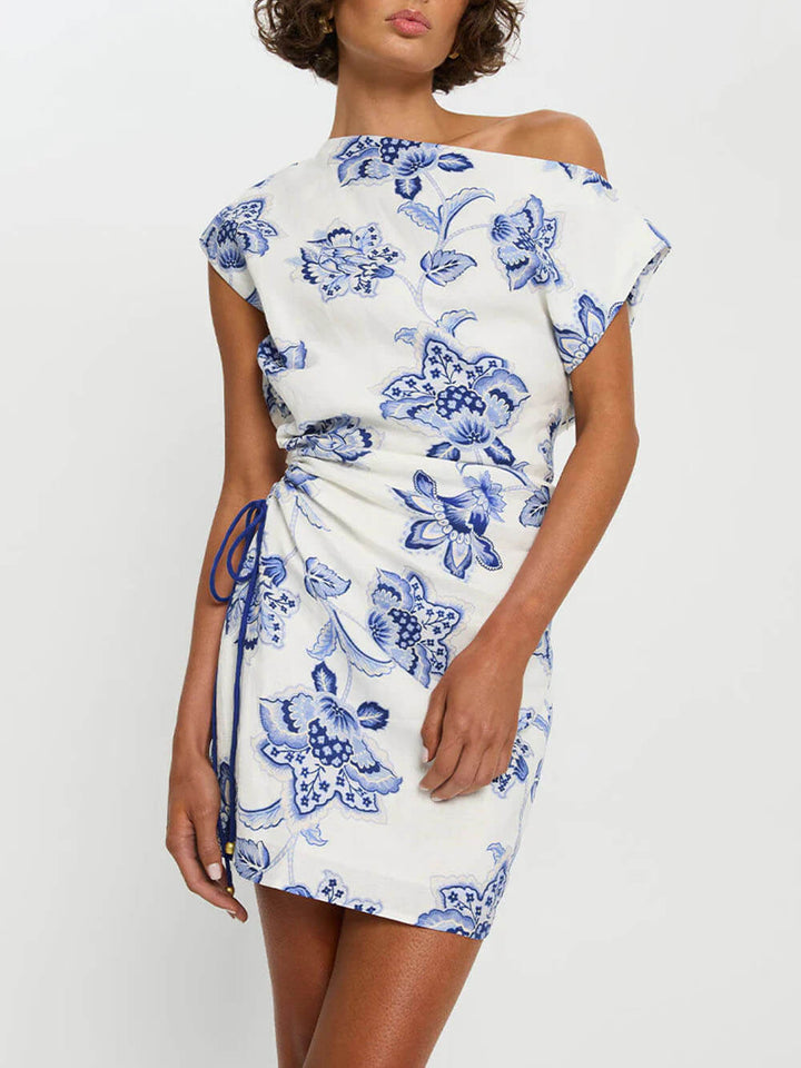 Delicate Satin Unique Floral Print Boat Neckline Drawstring Mini Dress