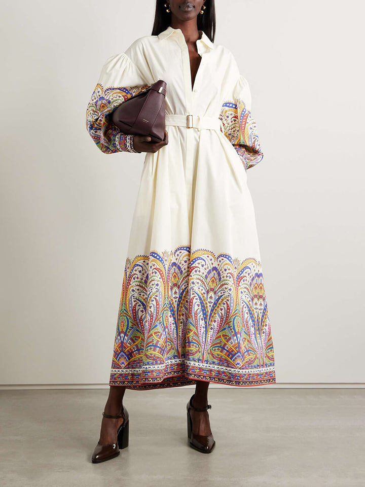 Retro Paisley Print Lantern Sleeve Shirt Midi Dress