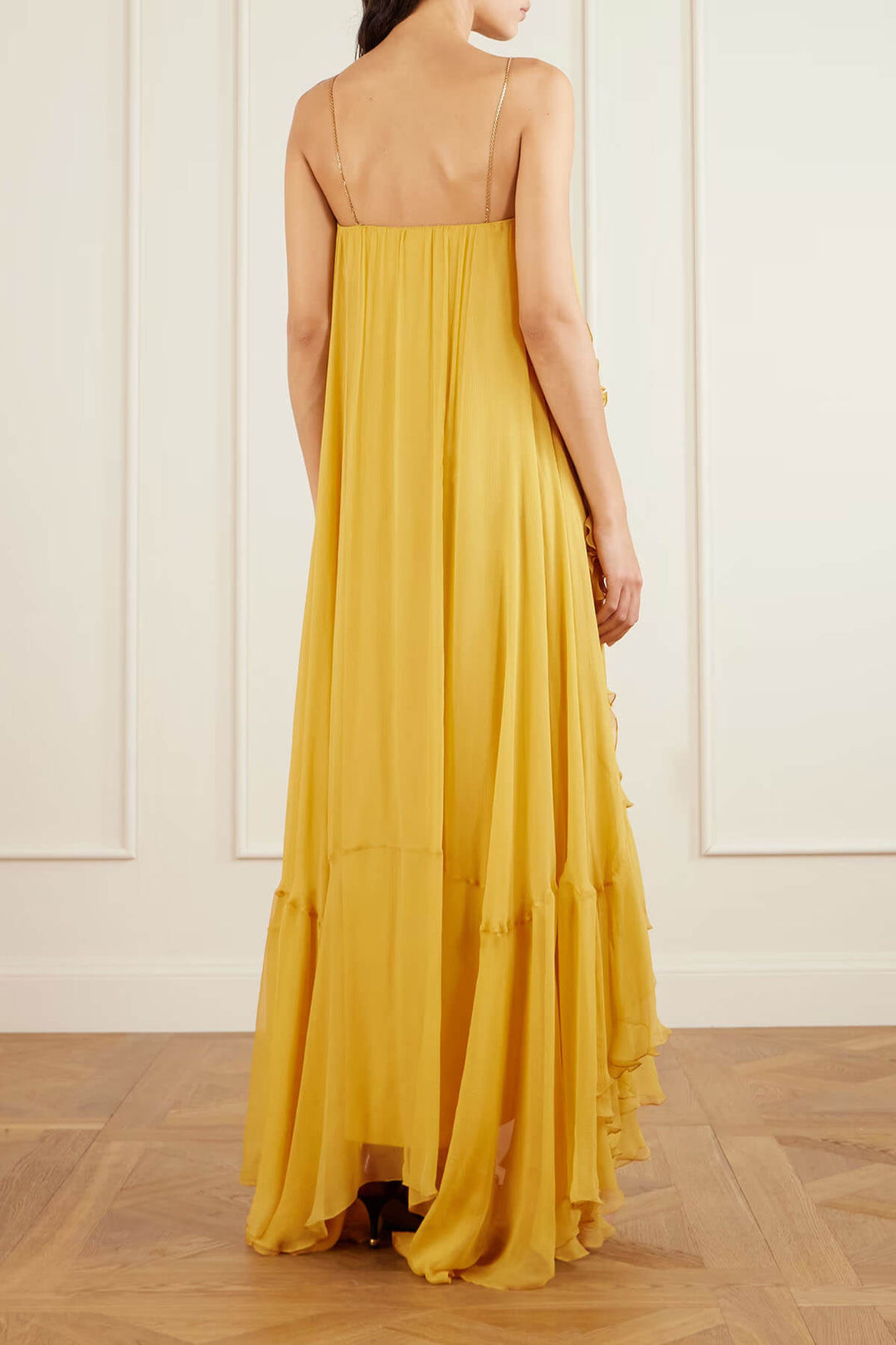 Exquisite Asymmetrical Ruffle-Trimmed Maxi Dress