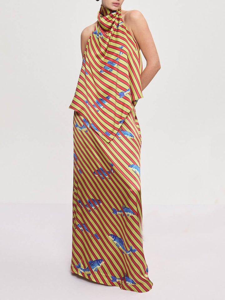 Unique Satin Ocean Print Loose Midi Skirt