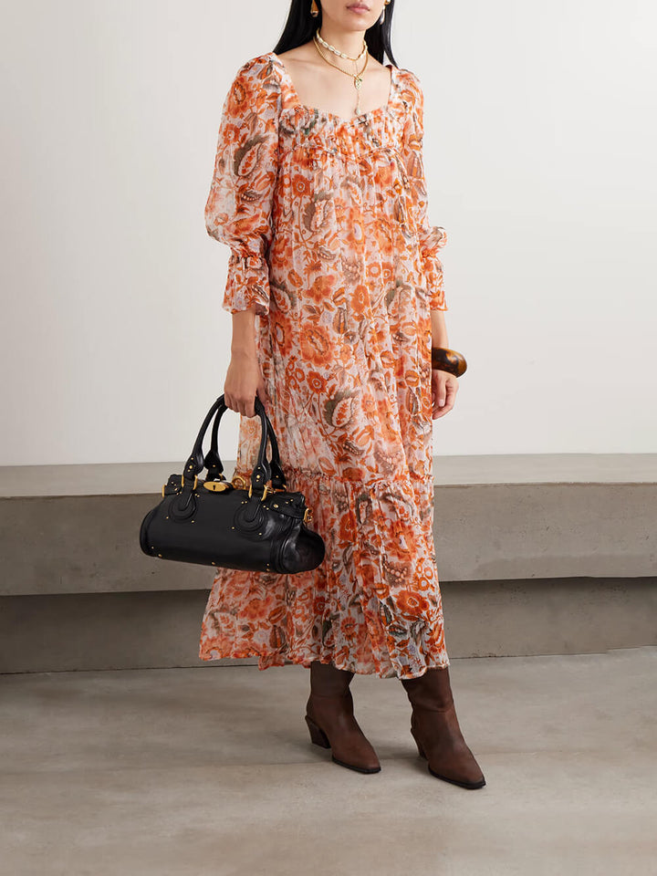 Elegant Casual Floral Ruched Ruffle Chiffon Midi Dress