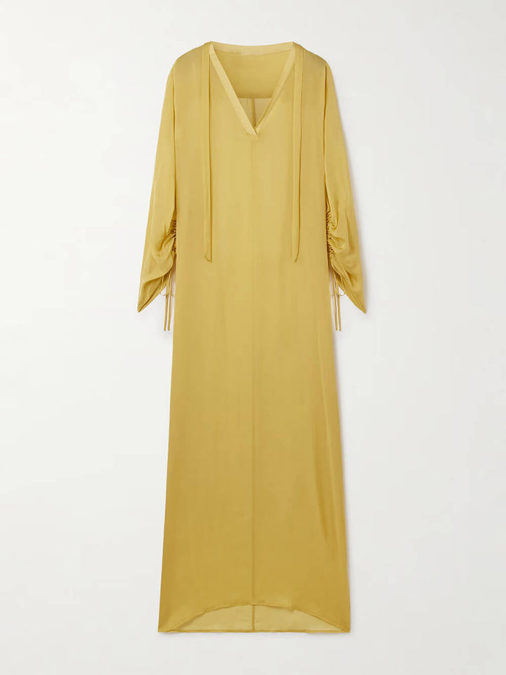Casual Satin V-Neck Pleated Cuff Maxi Dress