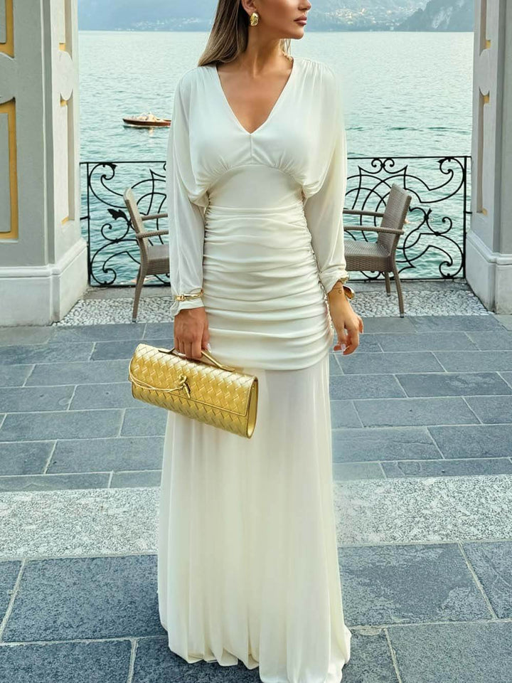 Elegant Pleated Mesh Panel Batwing Sleeve Maxi Dress