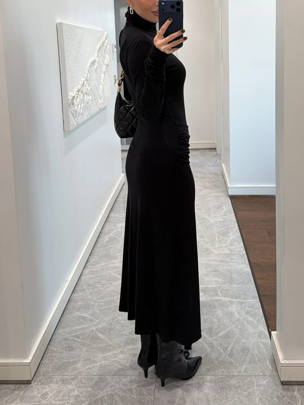 Elegant Black Ruched Waist Slit Maxi Dress