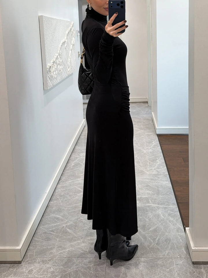 Elegant Black Ruched Waist Slit Maxi Dress