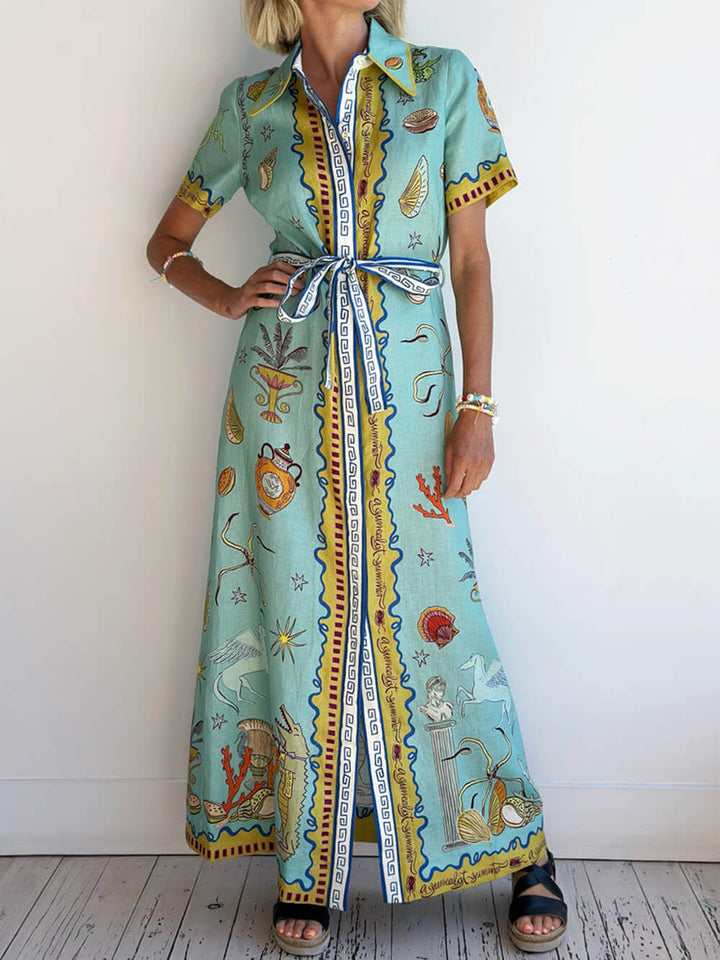 Modern Surrealist Unique Ocean Print Summer Maxi Shirtdress