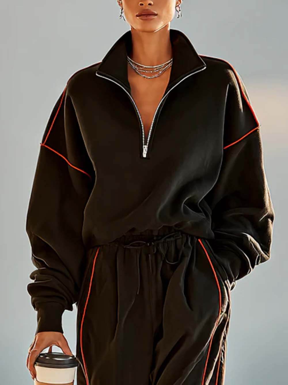 Minimalist Red Trimmed Zipper Neck Long Sleeve Sweatshirt And Sweatpants Set