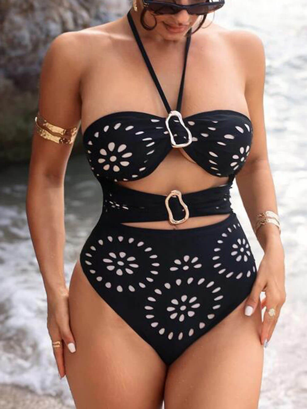 Sexy Hollow Halter Neck Drawstring Swimsuit