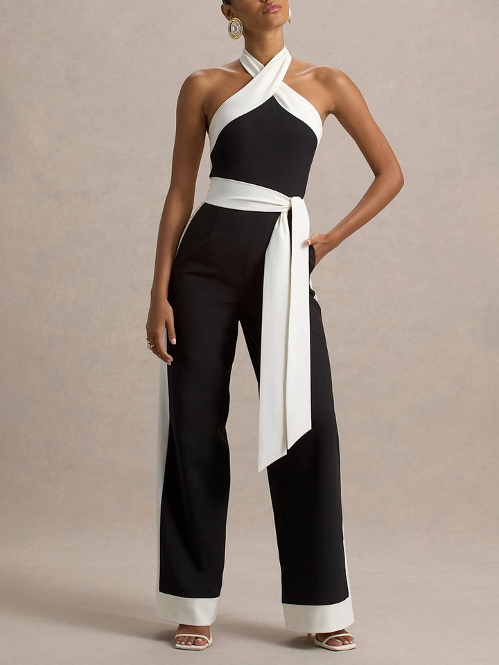 Elegant Black & White Halter-Neck Wide-Leg Jumpsuit