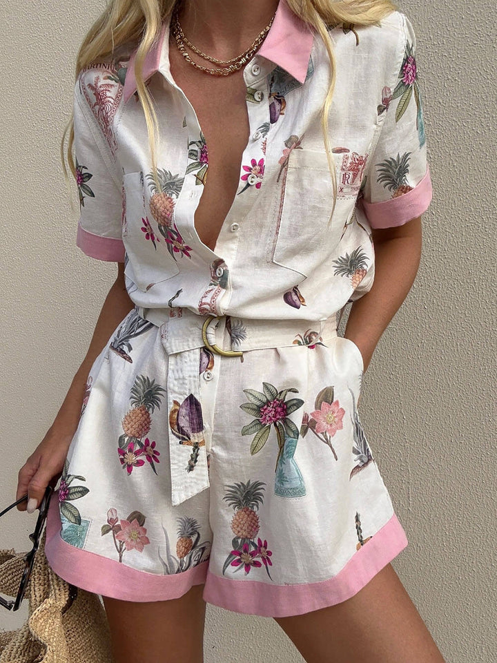 Elegant Floral Print Lace-Up Linen Cardigan Shirt Jumpsuit