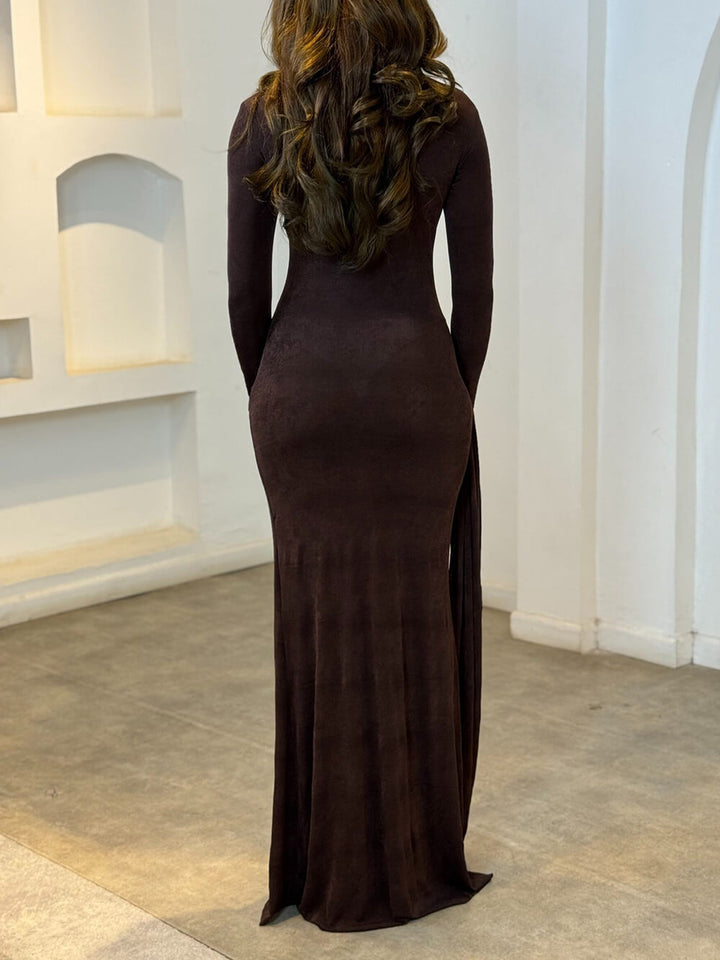 Elegant Ribbon-Drape Ruched Fitted Maxi Dress