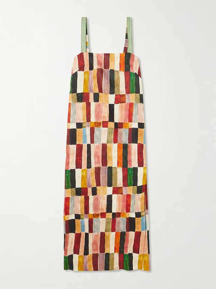 Unique Geometric Print Linen Backless Midi Dress