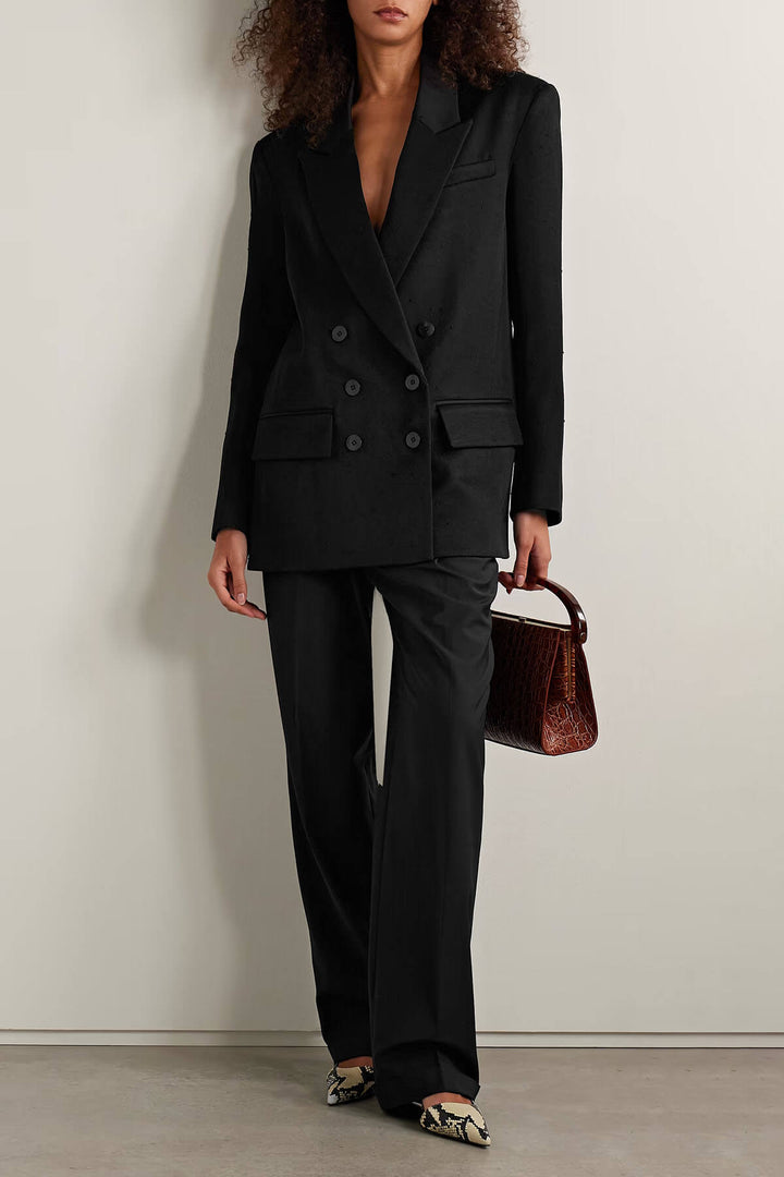 Exquisite Double-Breasted Contrast-Back Twill Blazer Aad High-Waist Straight-Leg Pants Set