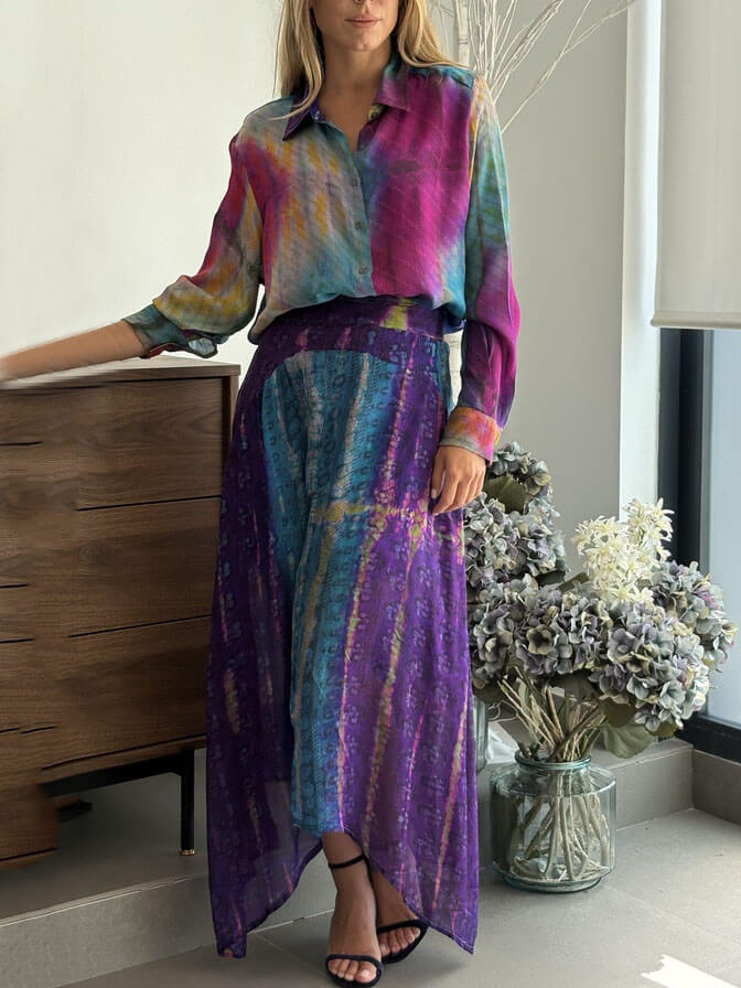 Retro Bohemian Tie-Dye Print Asymmetrical Hem Elastic Waist Skirt