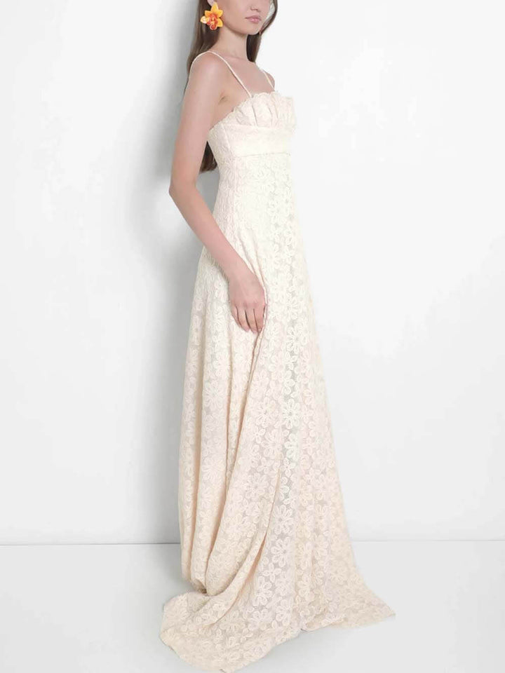 Elegant Lace Floral Ruched Off-Shoulder Crochet Maxi Dress